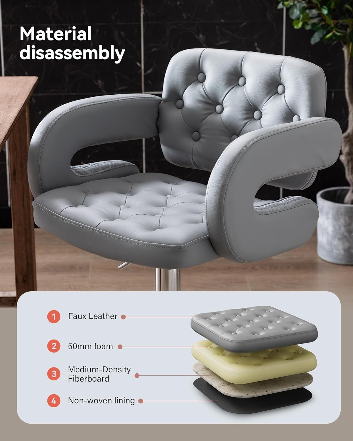 Light Grey Adjustable Swivel Kitchen Breakfast Bar Stool Faux Leather