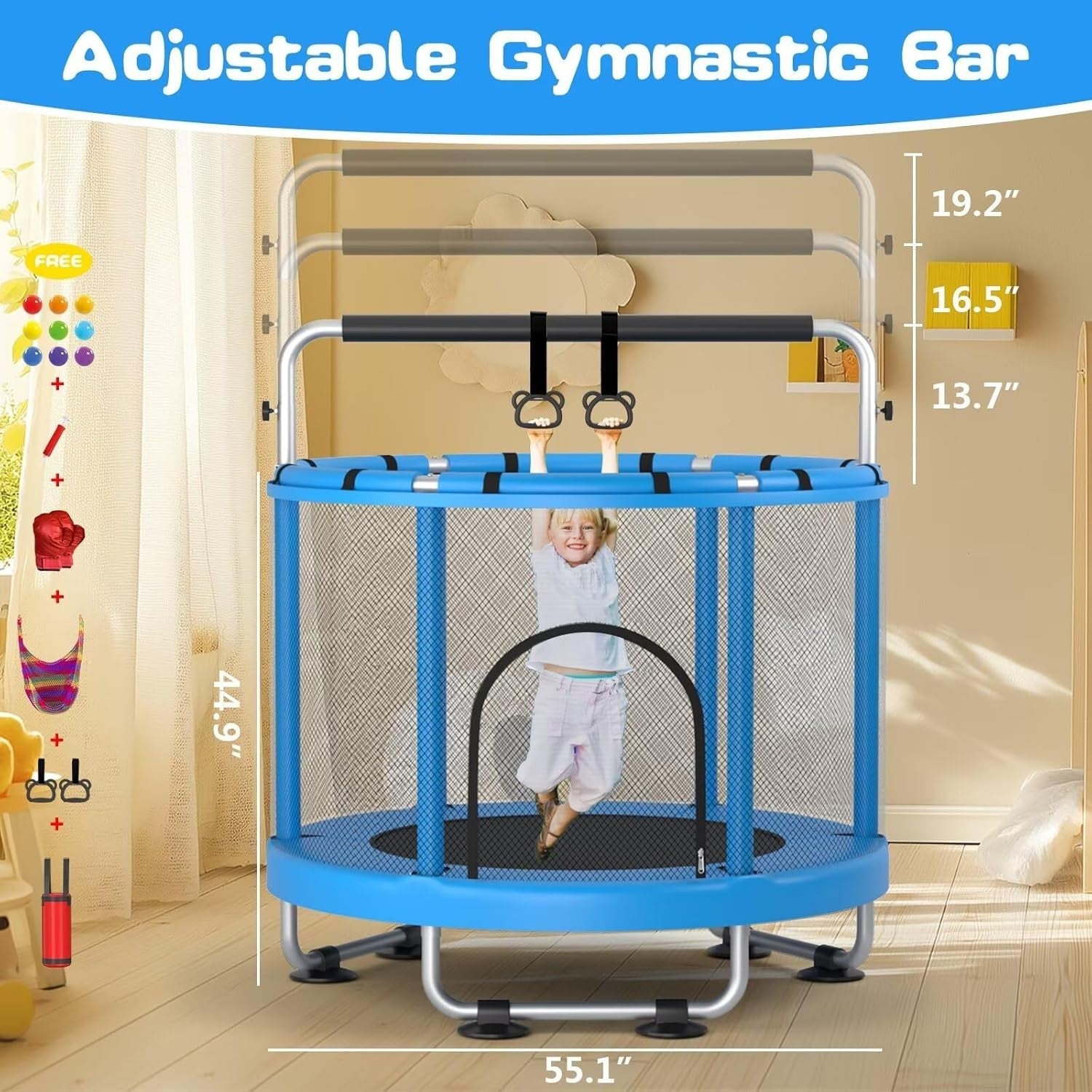 55” Kids Trampoline w Enclosure Indoor Outdoor Gym Bar Toys 440lbs