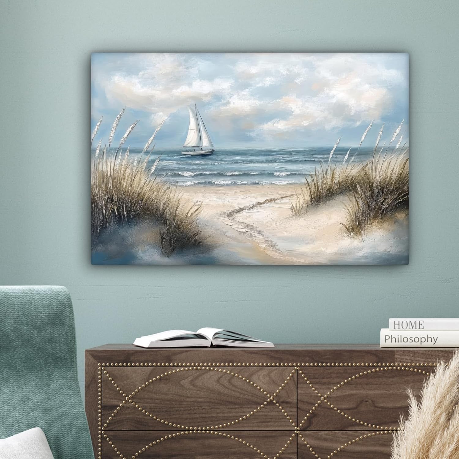 Beach Sailboat Canvas Wall Art 60x40cm Framed Coastal