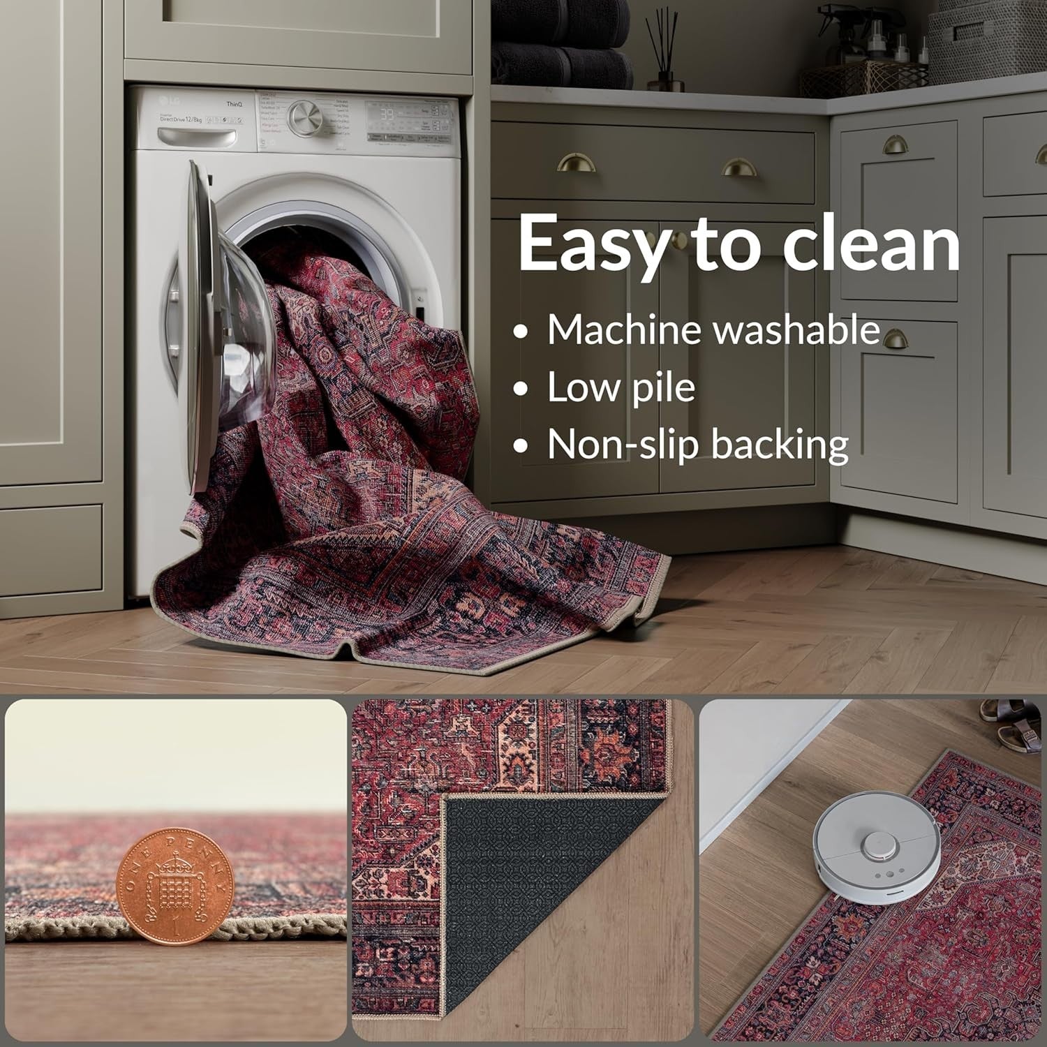 Washable Rug 152x213cm Soft Non-Slip Vintage Red Carpet for Living Room