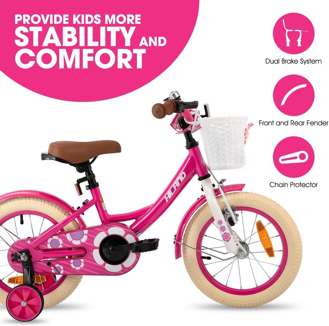 14 Inch Girls Bike with Basket Stabilisers Hand Brake Bicycle Age 3-5