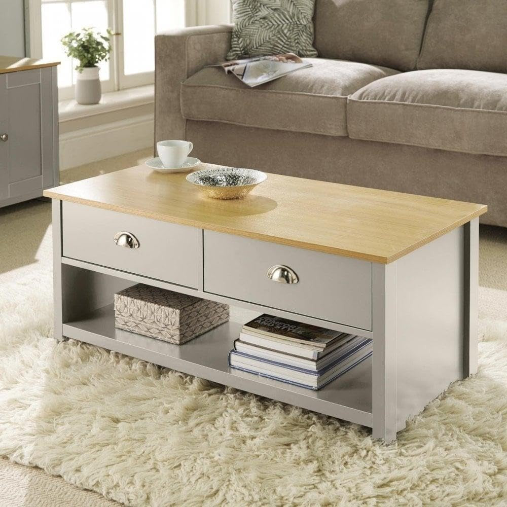Modern Grey Coffee Table with Oak Effect Top & 2 Drawers Storage 100cm