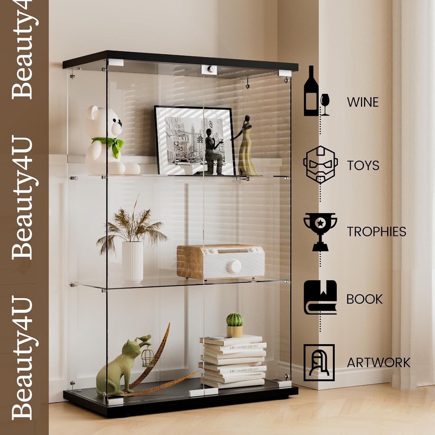 Tempered Glass Display Cabinet 49" Double Door Storage with Lock