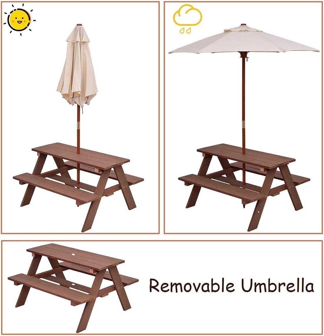 Kids Wooden Picnic Table with Removable Umbrella, Outdoor Bench Set
