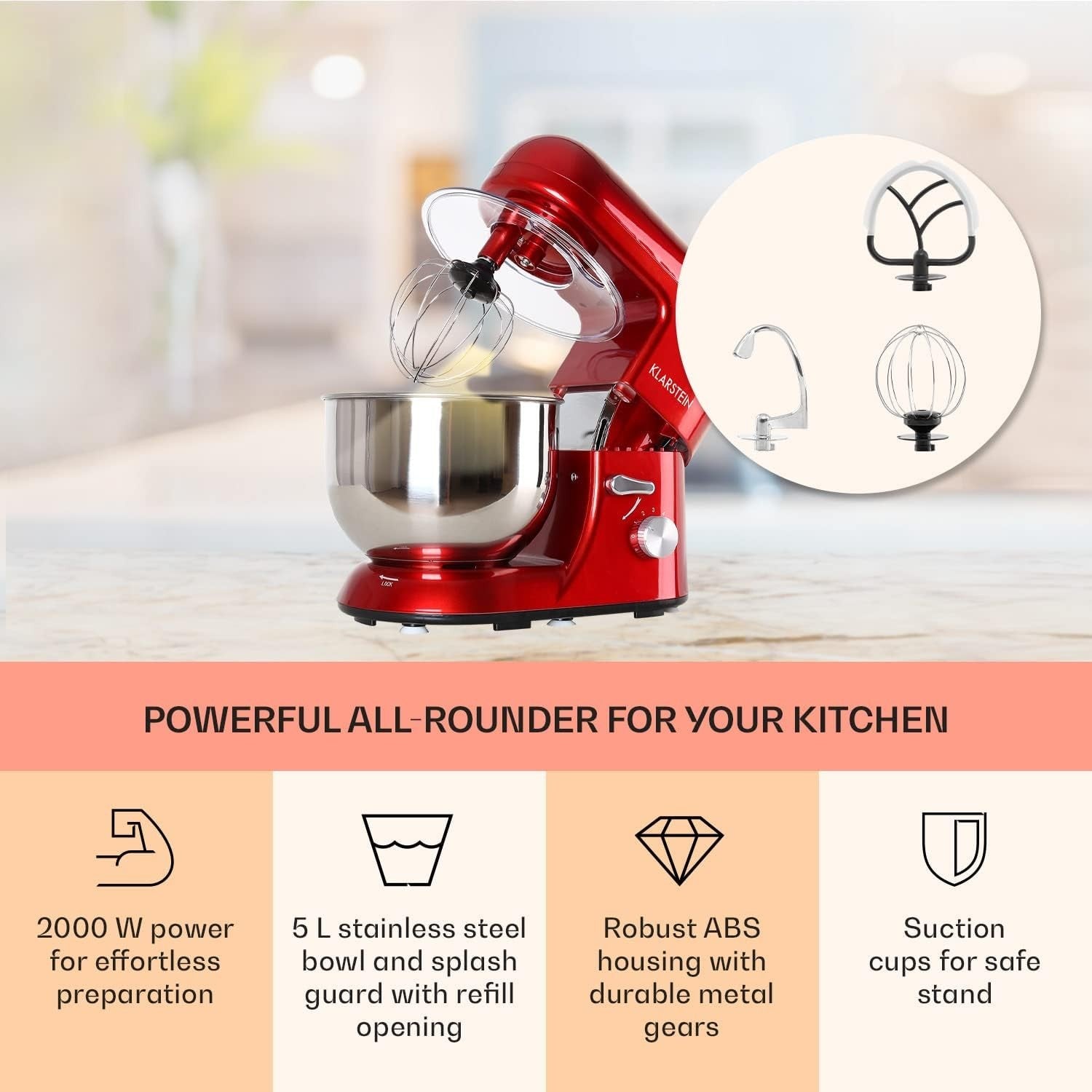 5.2L Red Stand Mixer 1800W 6-Speed Planetary Baking & Kneading Machine