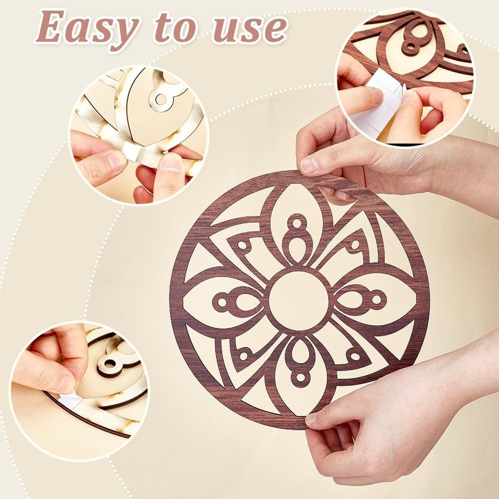 5pcs Moon Phase Wall Decor Boho Wood Flower Hanging Brownish Red