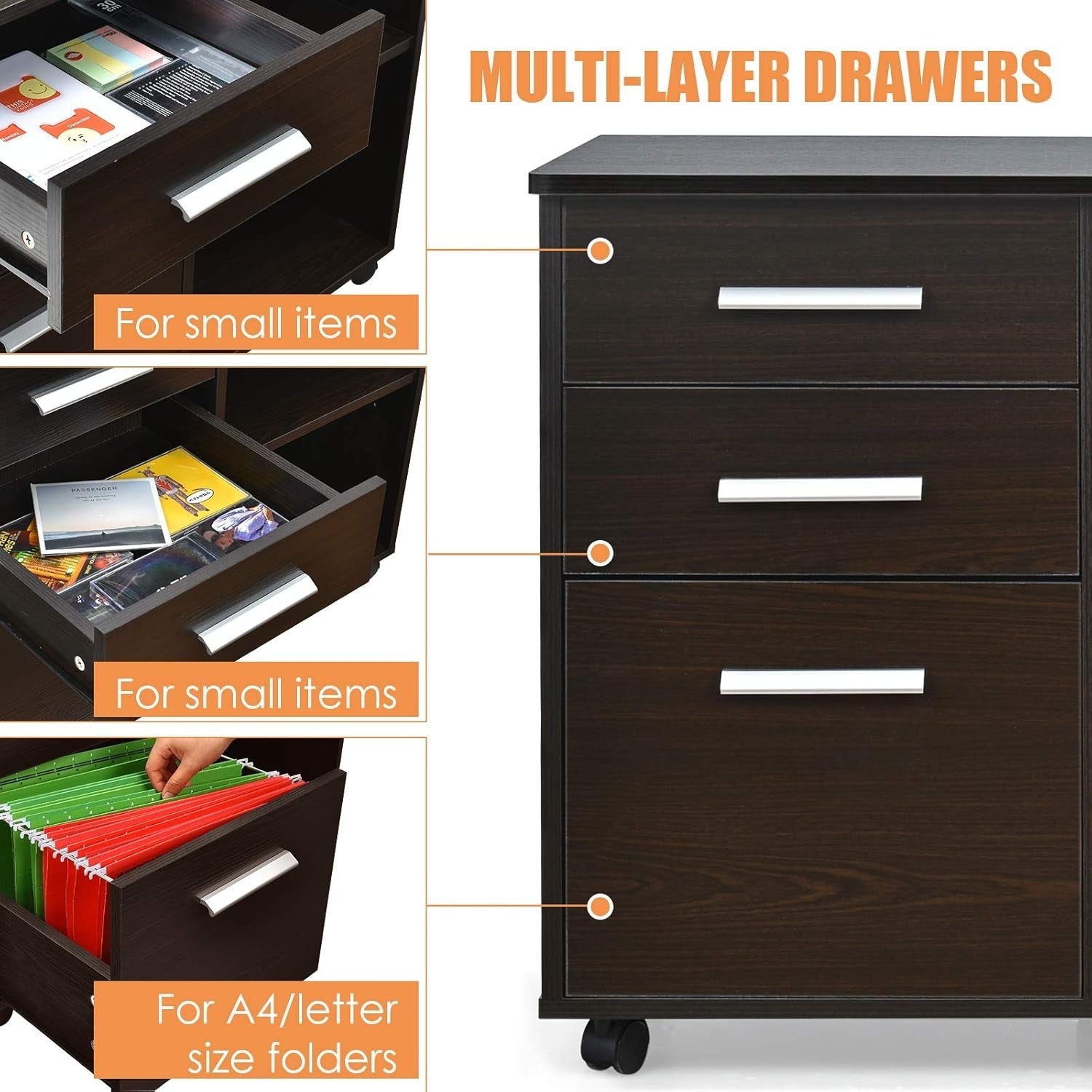 Coffee Lateral Mobile Filing Cabinet 3 Drawer Letter Printer Stand