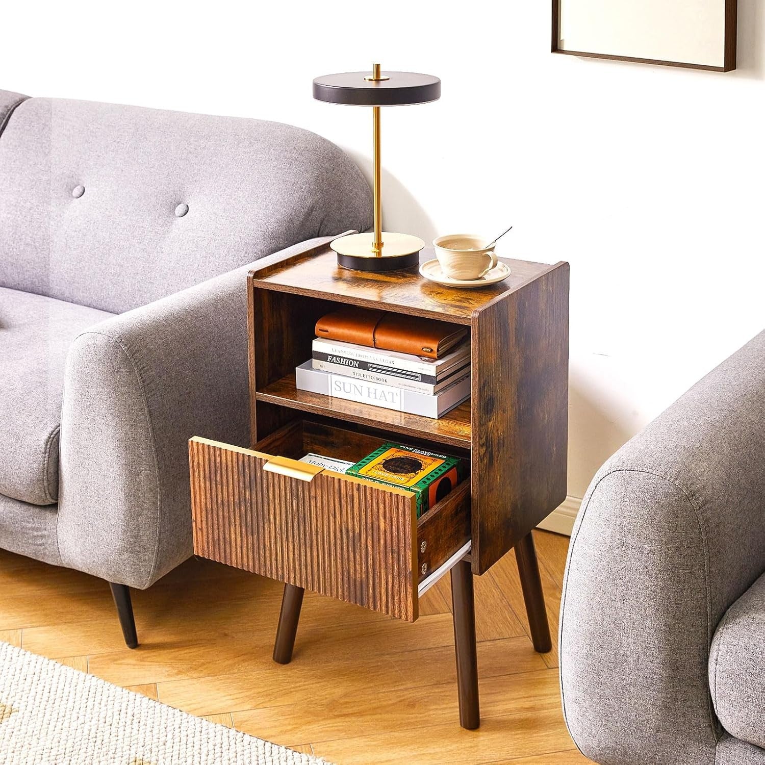 Rustic Brown Bedside Table with Drawer & Open Shelf – Modern 2-Tier Nightstand