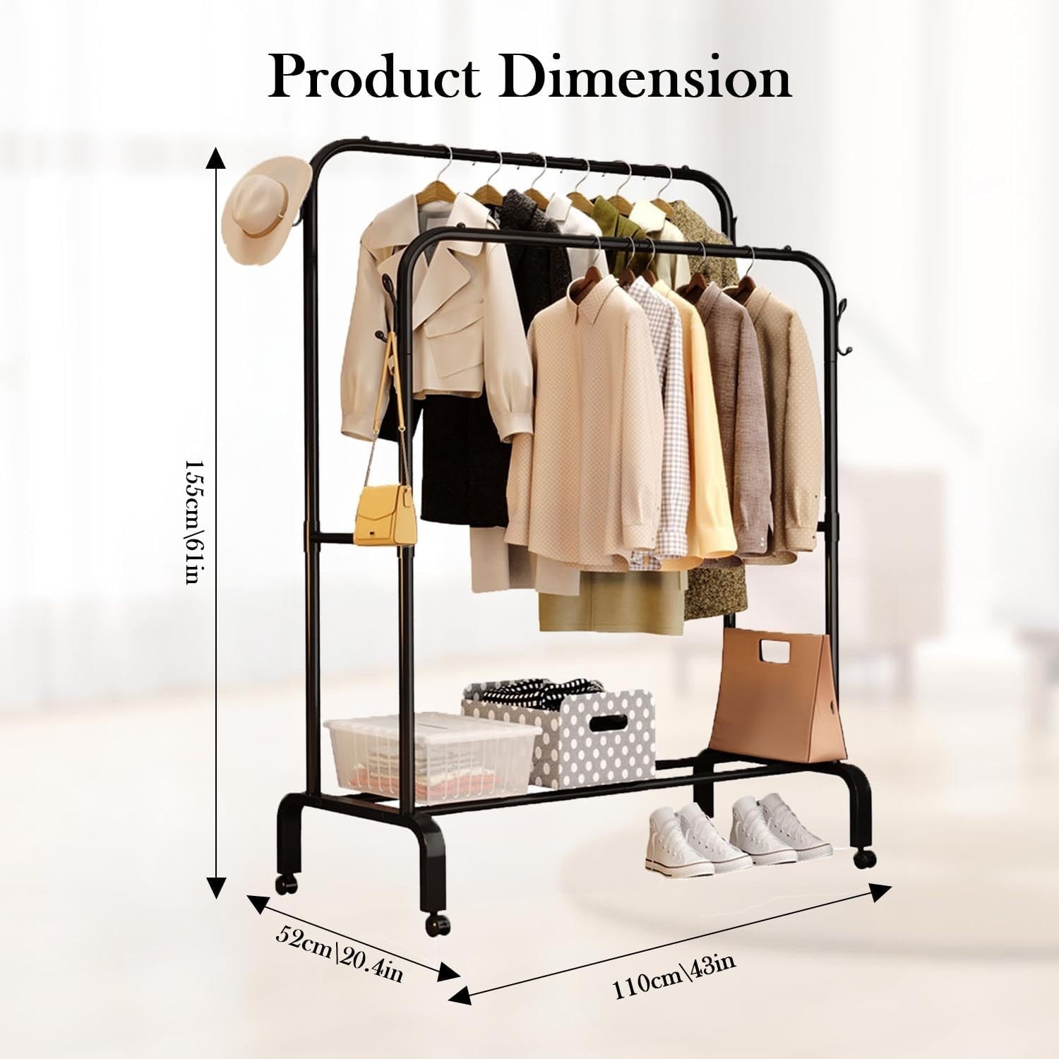 Heavy Duty Double Clothes Rail with Shelf & Wheels – Black