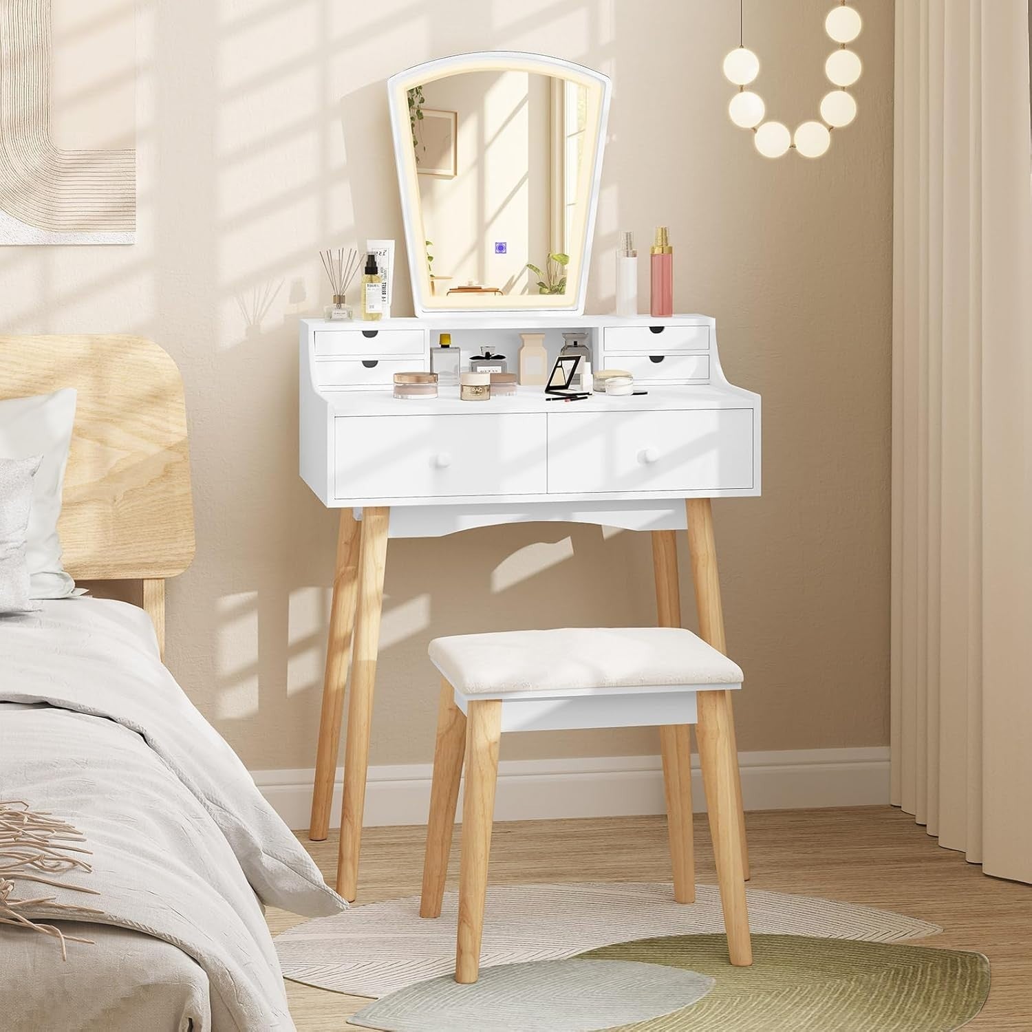 White Vanity Dressing Table Set w/ 3-Color LED Mirror, 6 Drawers & Stool