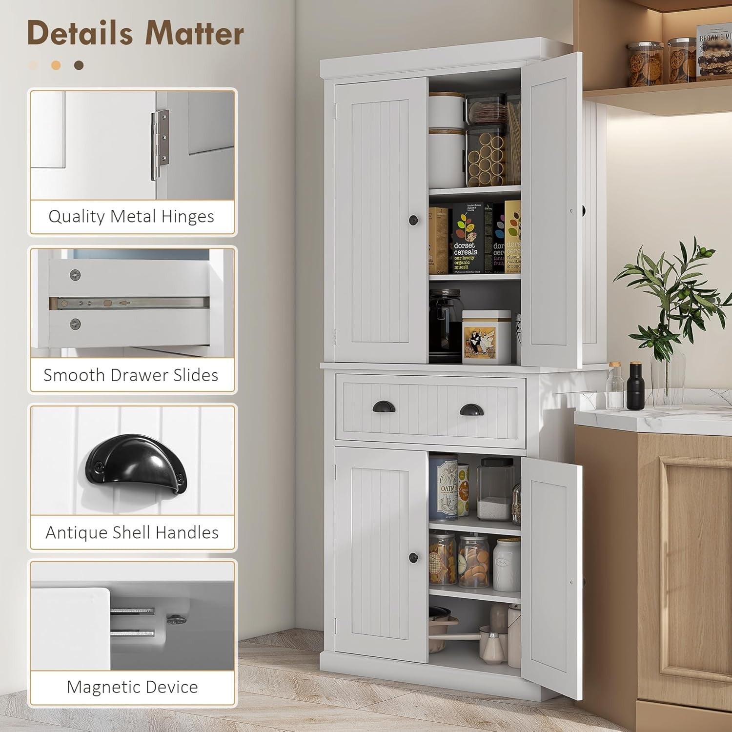 Tall White Kitchen Pantry Cupboard 4 Door Freestanding Cabinet with Drawer