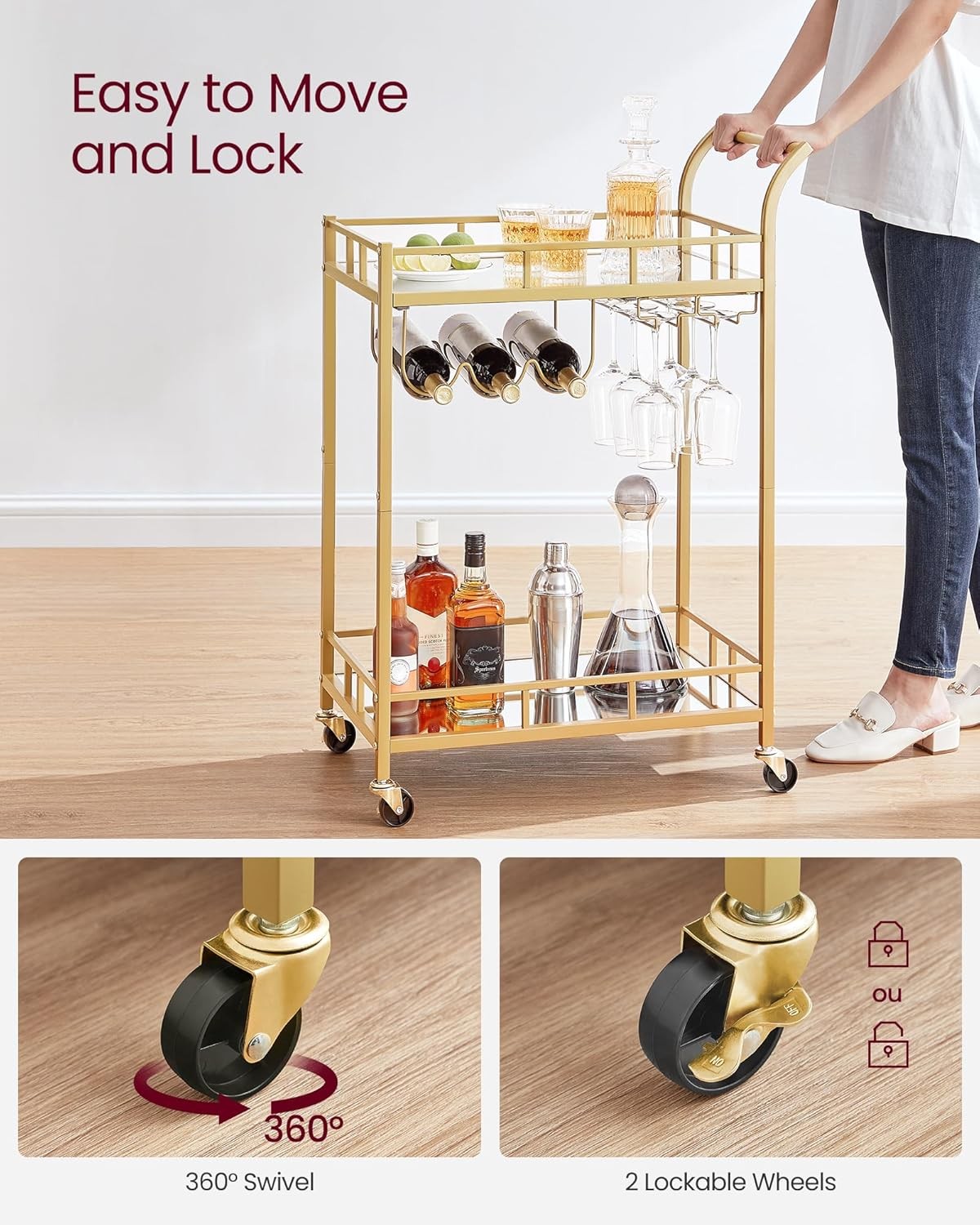 Gold Drinks Trolley Bar Cart on Wheels with Wine Glass Holders & Shelves
