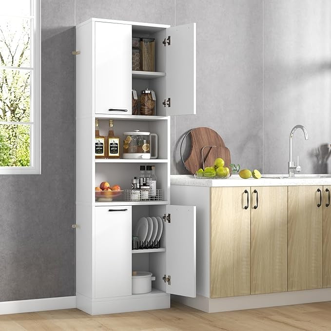 Tall White Kitchen Storage Cabinet 4 Door Freestanding Cupboard with Open Shelve