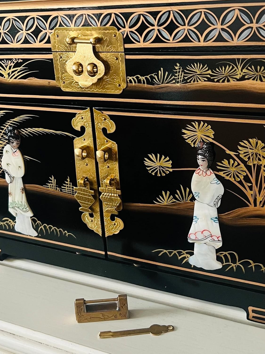Black Chinese Jewellery Box Hand Painted Mother of Pearl Lockable
