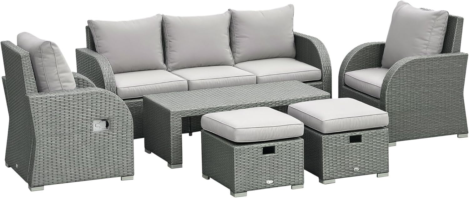 6-Piece Outdoor Rattan Sofa Set Reclining Armchairs Coffee Table Footstools