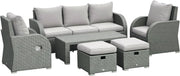 6-Piece Outdoor Rattan Sofa Set Reclining Armchairs Coffee Table Footstools