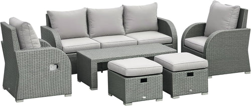 6-Piece Outdoor Rattan Sofa Set Reclining Armchairs Coffee Table Footstools