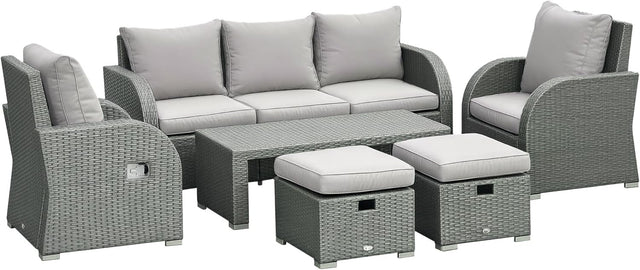 6-Piece Outdoor Rattan Sofa Set Reclining Armchairs Coffee Table Footstools