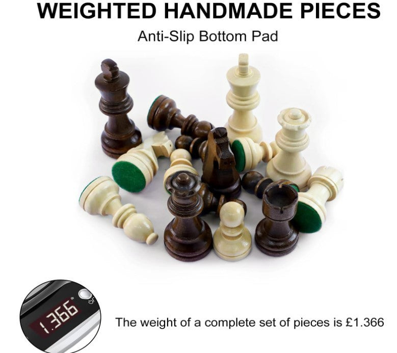 Luxury Weighted Wooden Chess Pieces 3.6" King – 32pc Set + 2 Extra Queens