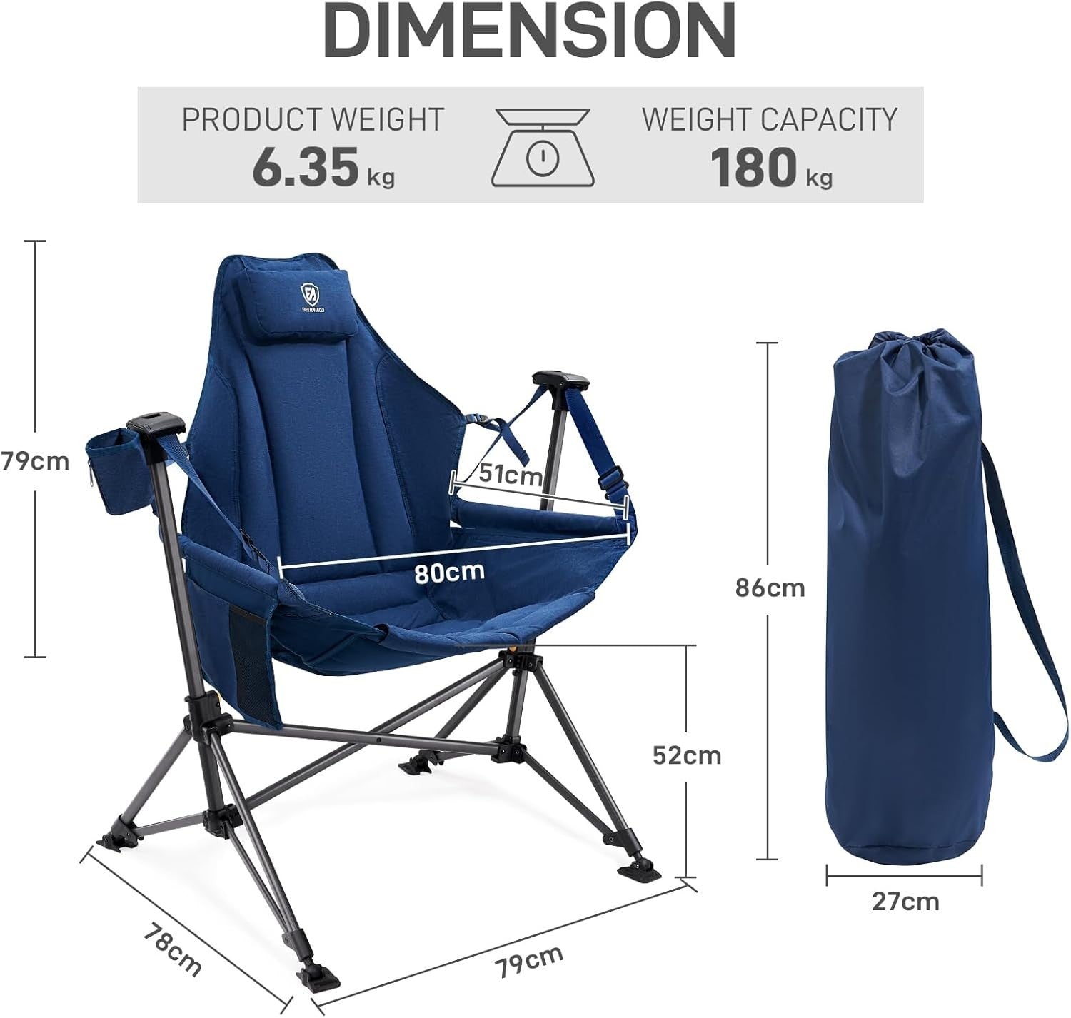 Folding Swing Hammock Chair Outdoor Rocker 180KG Heavy Duty Padded Seat