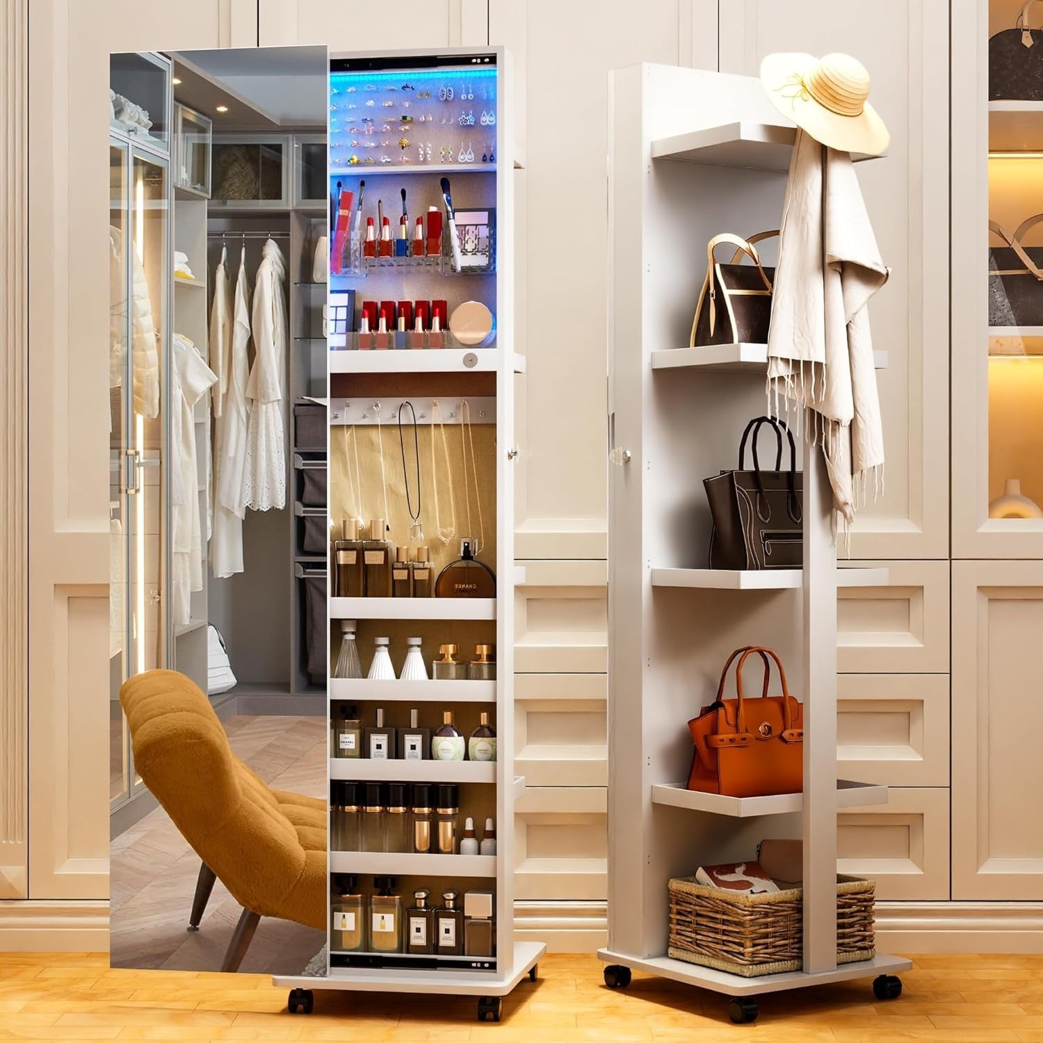 White 360° Rotating LED Jewelry Cabinet Mirror Lockable Rolling Storage