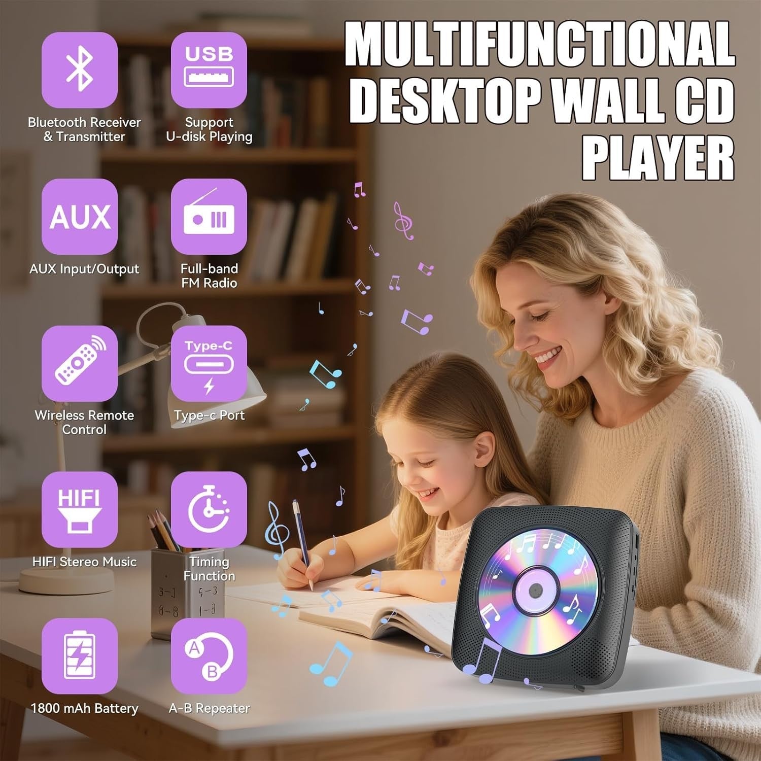 Desktop CD Player Bluetooth Speakers FM Radio USB AUX Remote LCD Black