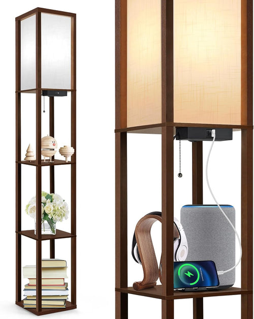 LED Shelf Floor Lamp with USB Charging Wooden Standing Light Walnut Brown