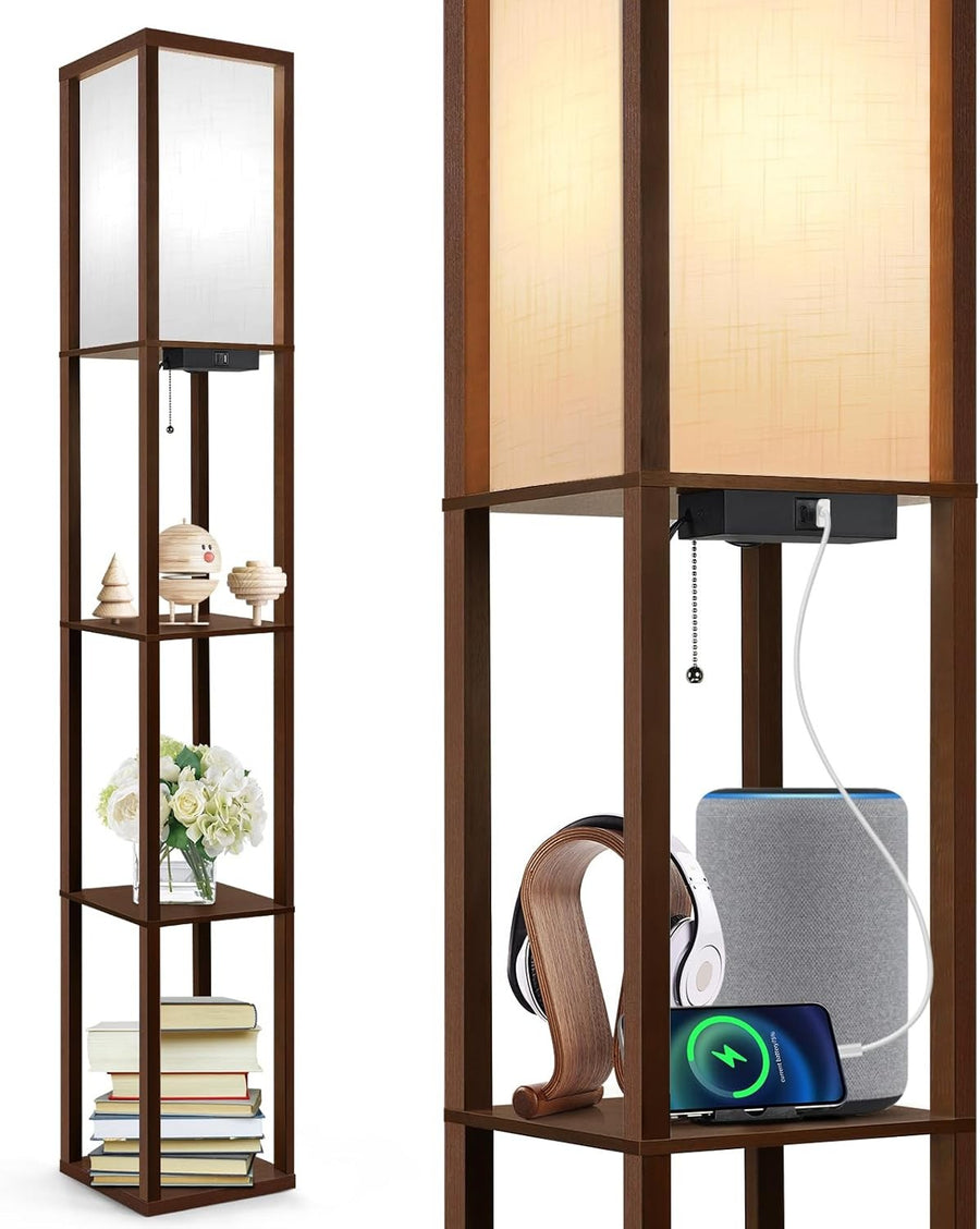 LED Shelf Floor Lamp with USB Charging Wooden Standing Light Walnut Brown