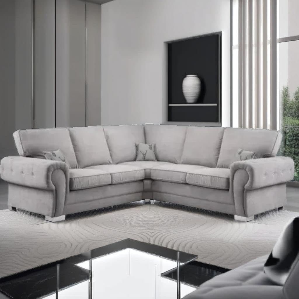 Verona Chesterfield Corner Sofa – Grey Suede 2C2 5 Seater Settee Suite