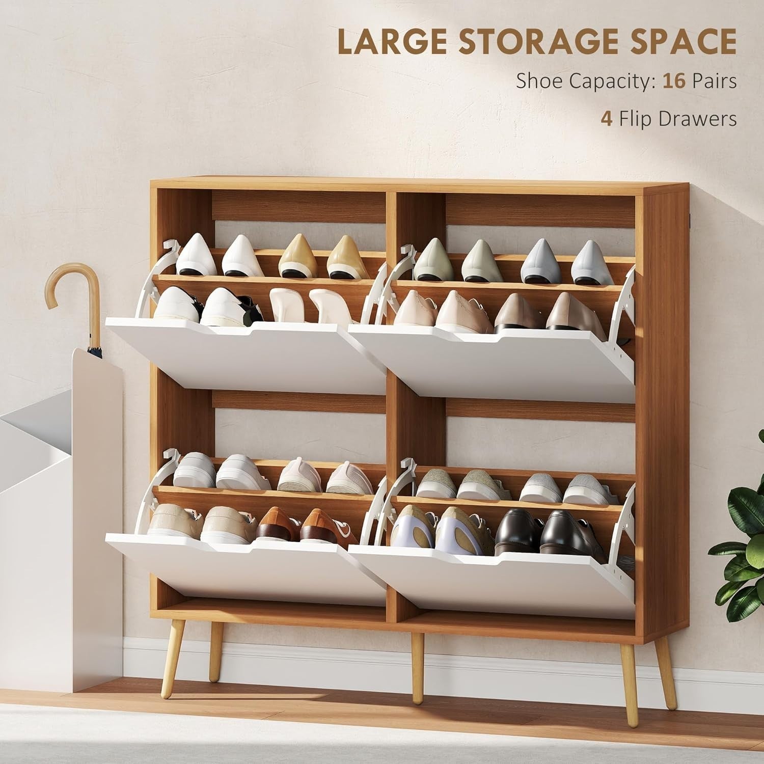 Slim Natural 4 Drawer Shoe Cabinet with Adjustable Shelves & Anti-Tip Straps