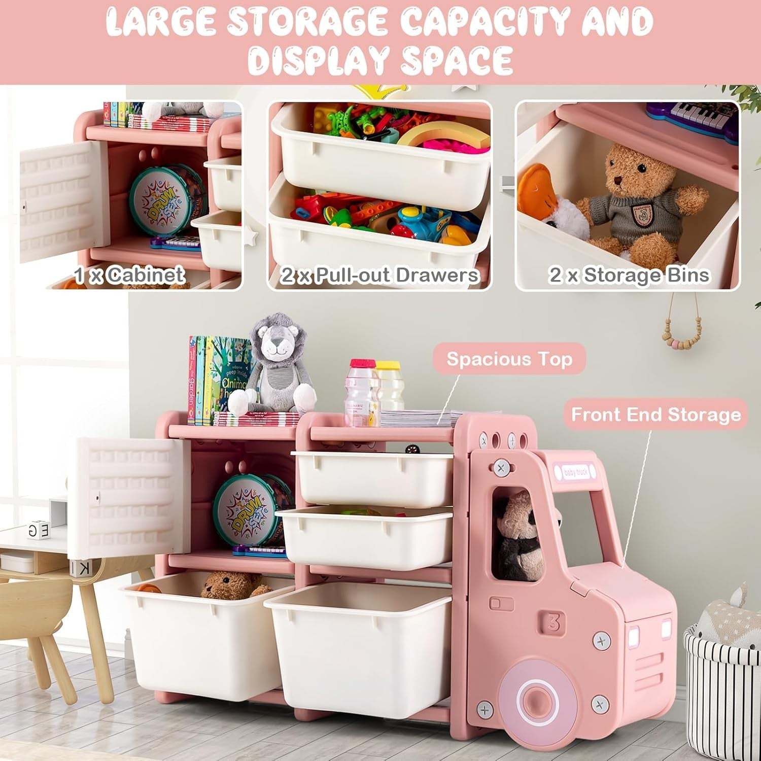 Kids Toy Storage Unit Car Shape with Bins Drawers & Cabinets 112x35x66cm