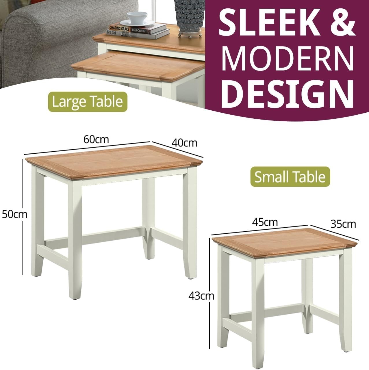 2 Nesting Coffee Tables Set Oak Top White Living Room End Side Table Modern