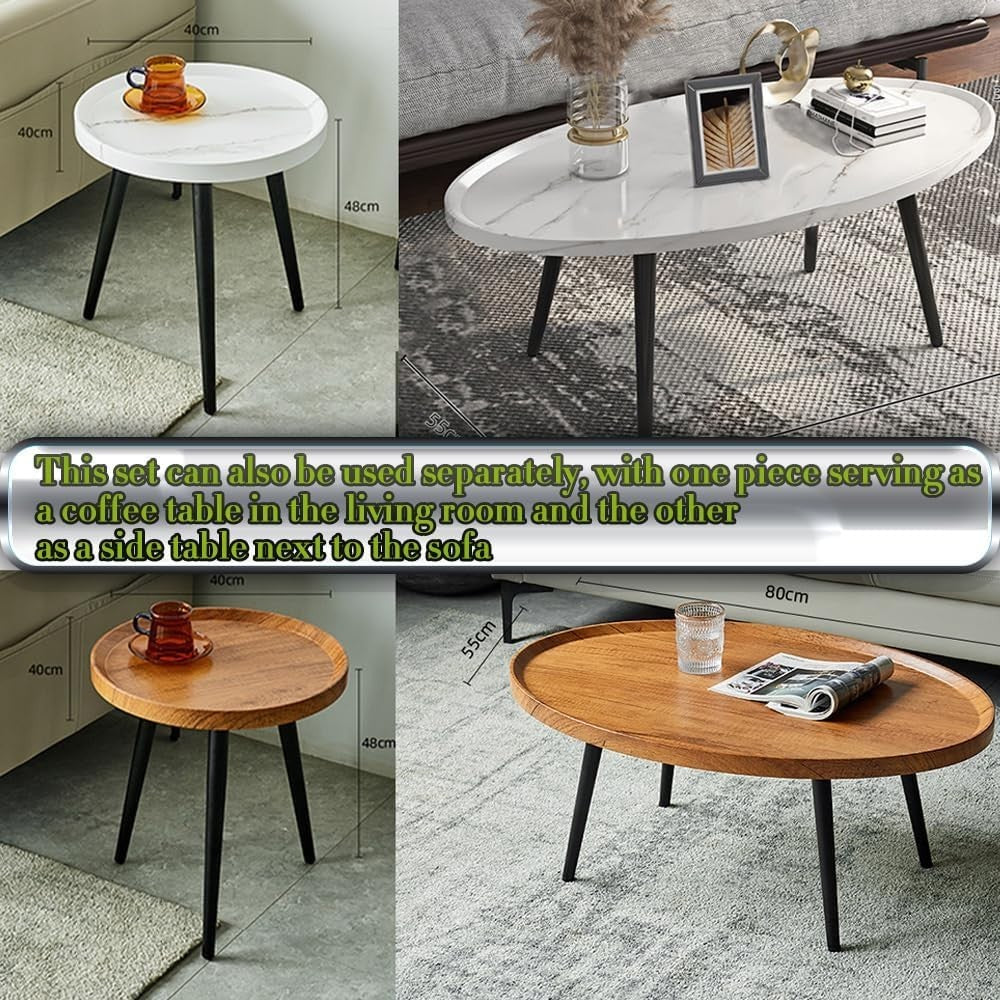White Nesting Coffee Table Set Oval & Round Wood Living Room Storage Side End
