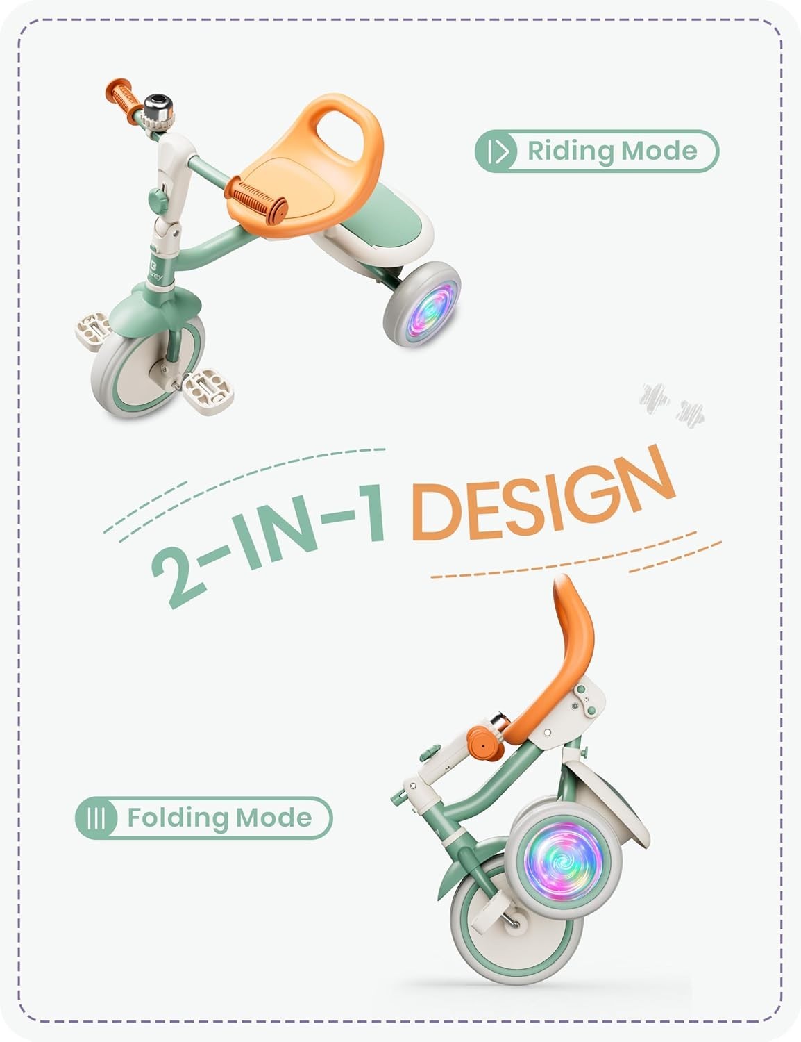 Kids Tricycle Flash LED Wheels Foldable Toddler Trike Green Age 18M-5Y