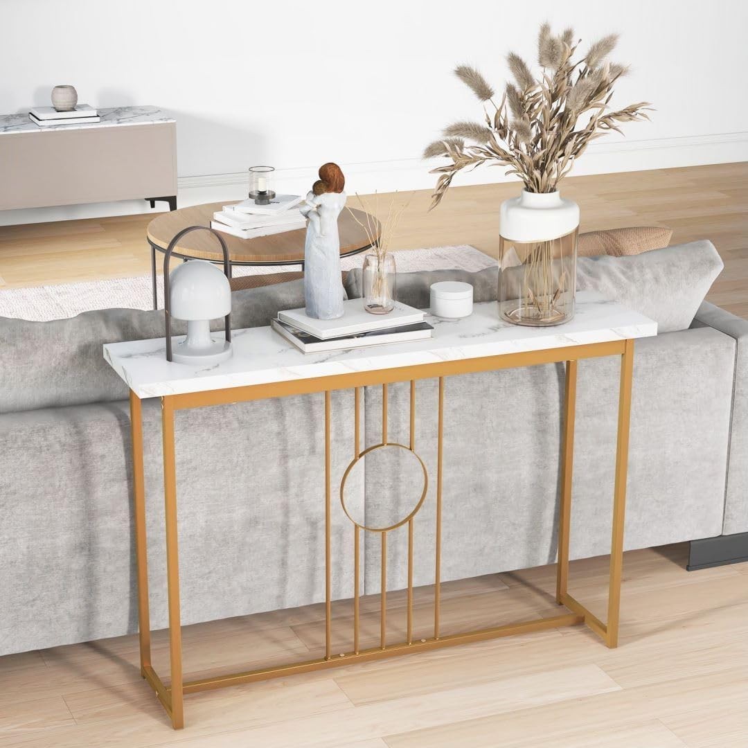 Slim Faux Marble Console Table with Gold Frame, Anti-Tip Safety