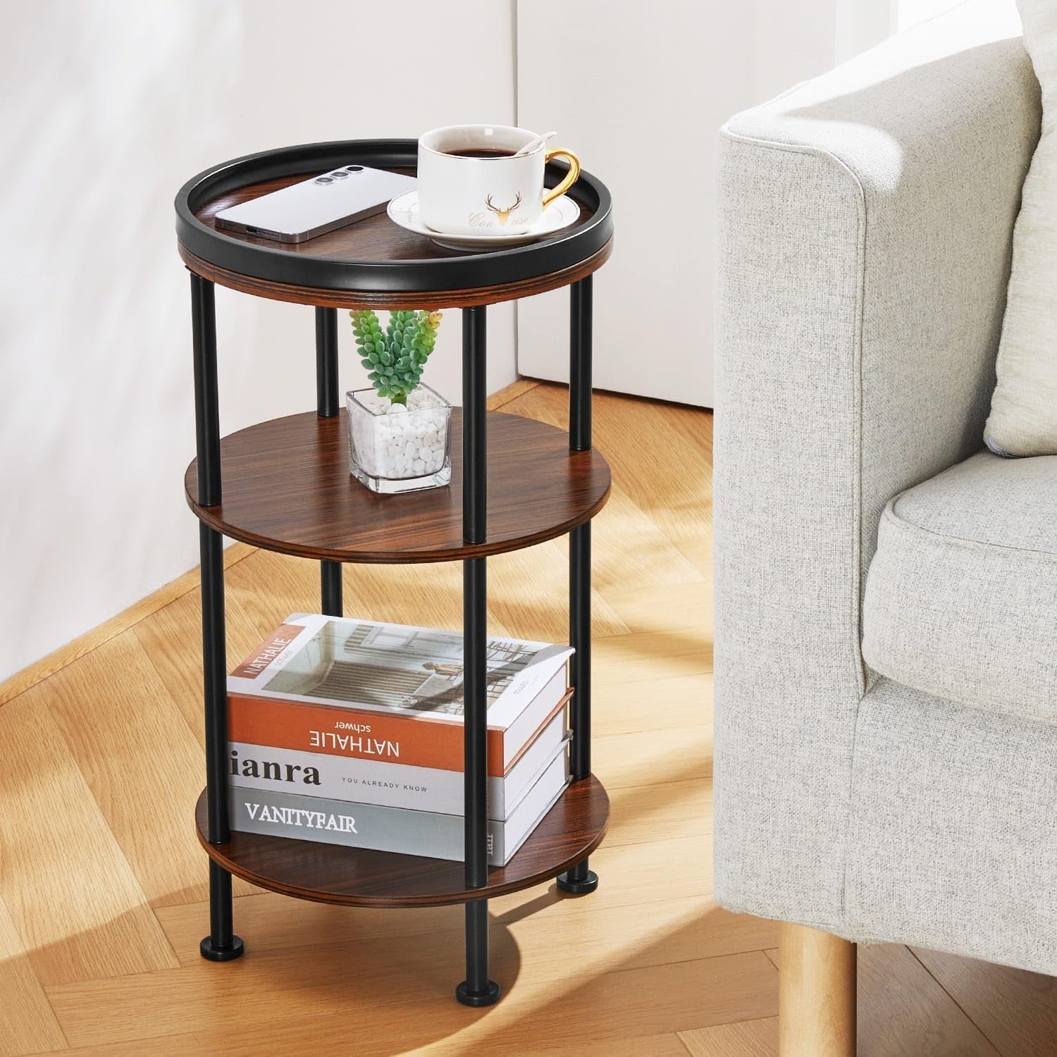 3 Tier Round Side Table with Storage Shelf Metal Frame Small Space Cherry 30x55