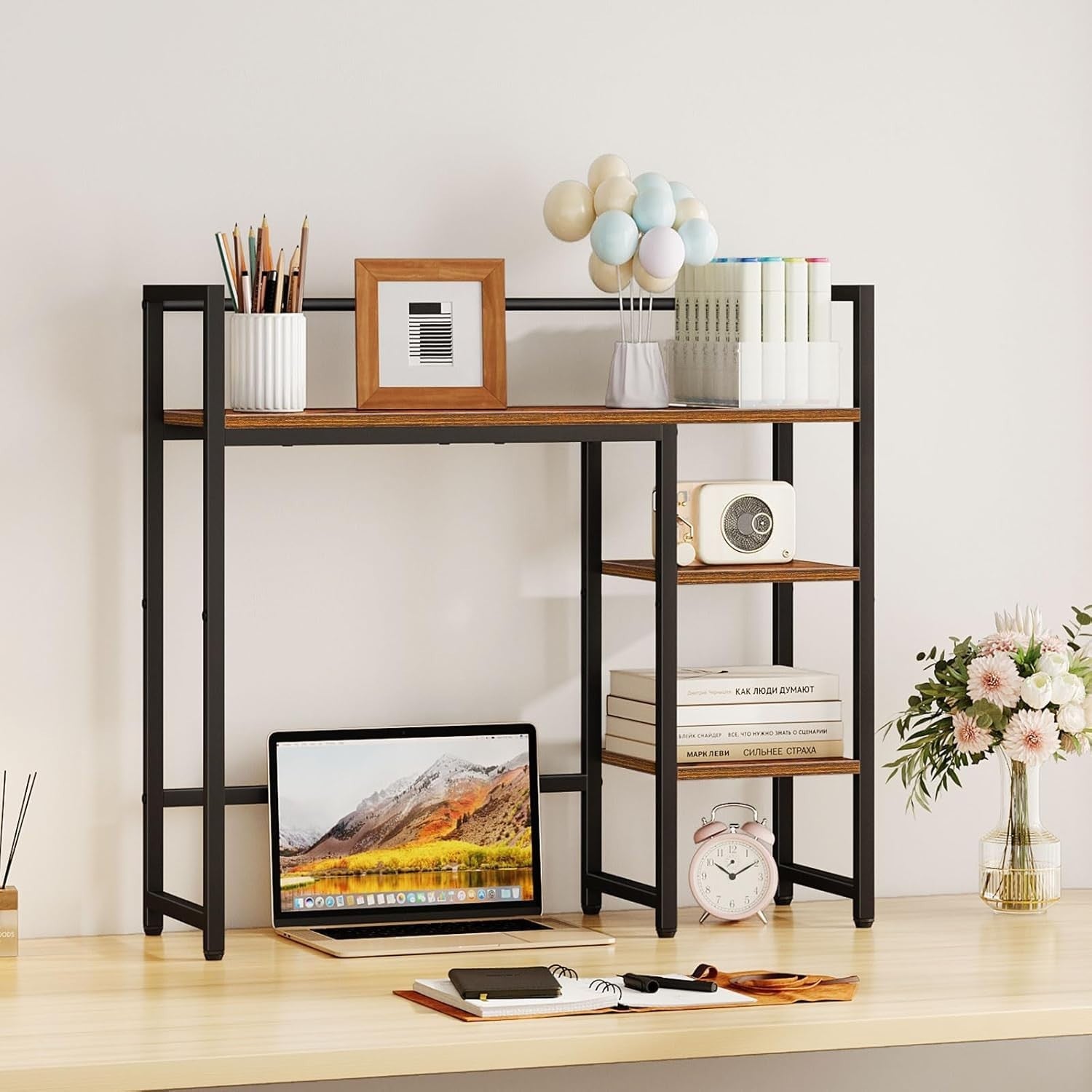 31.9" Desk Hutch Shelf Rustic Brown | 4-Tier Desktop Organizer Rack for Monitor