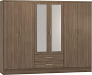 6 Door Rustic Oak Wardrobe with 2 Drawers & Mirrors – Spacious Storage Unit