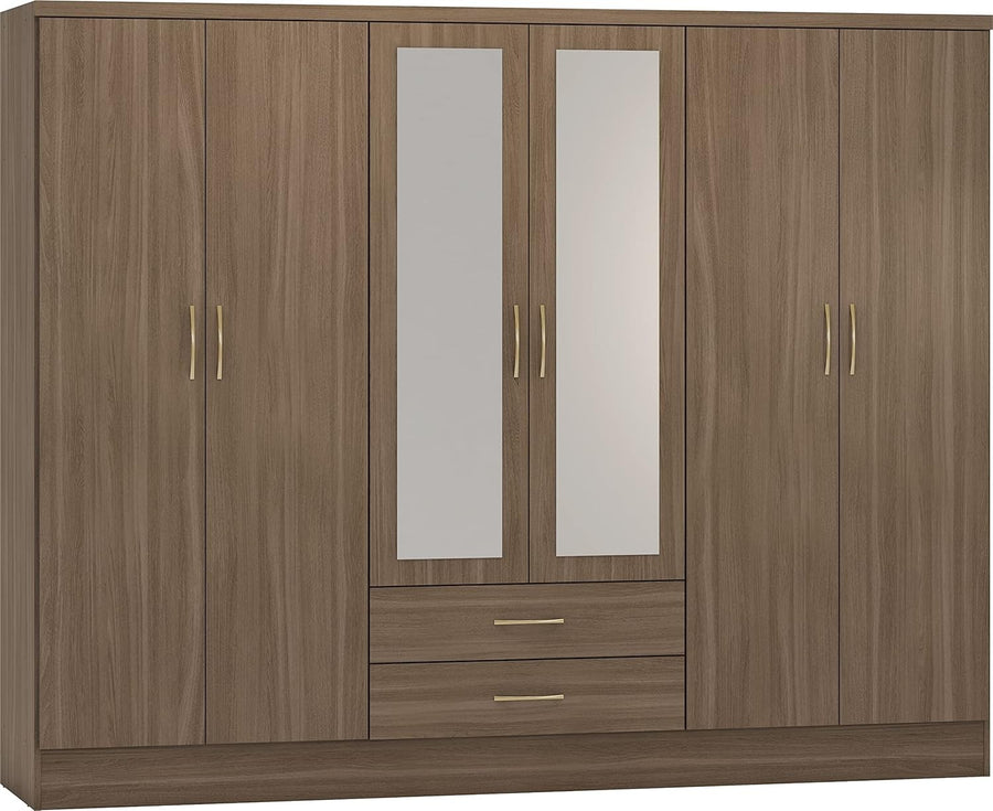 6 Door Rustic Oak Wardrobe with 2 Drawers & Mirrors – Spacious Storage Unit