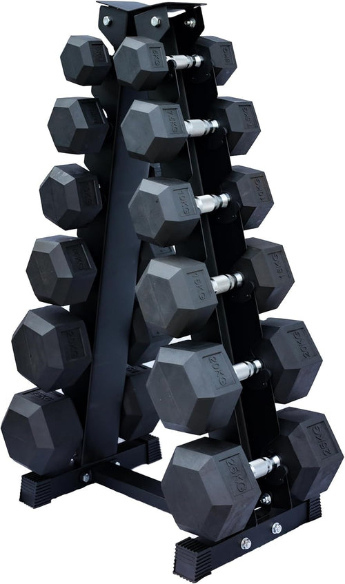 Hex Dumbbells Set with Rack 2.5–25kg Rubber Coated Home Gym Weights