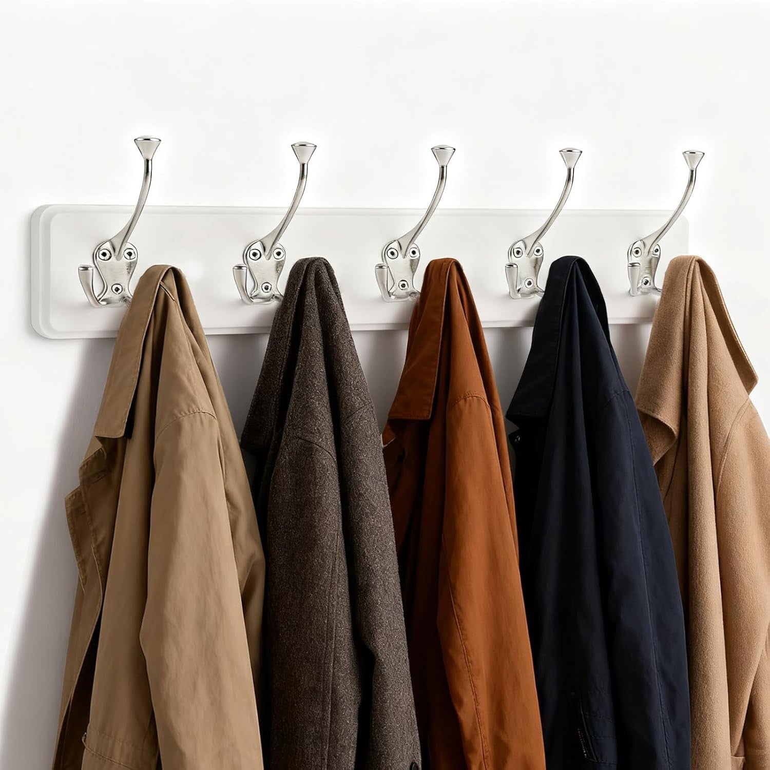 2 Pack White Wall Mounted Coat Rack 5 Hooks Wooden Hanging Rail Organizer