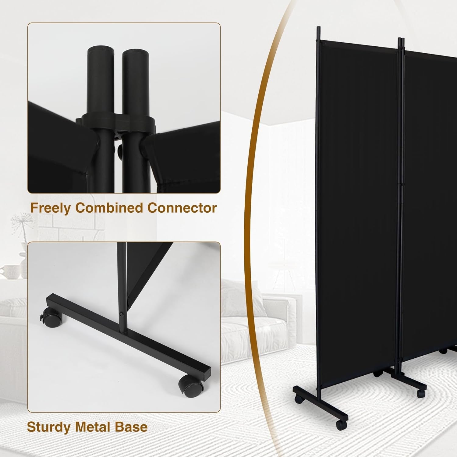 6 Panel Black Folding Room Divider on Wheels Privacy Screen 290x180cm