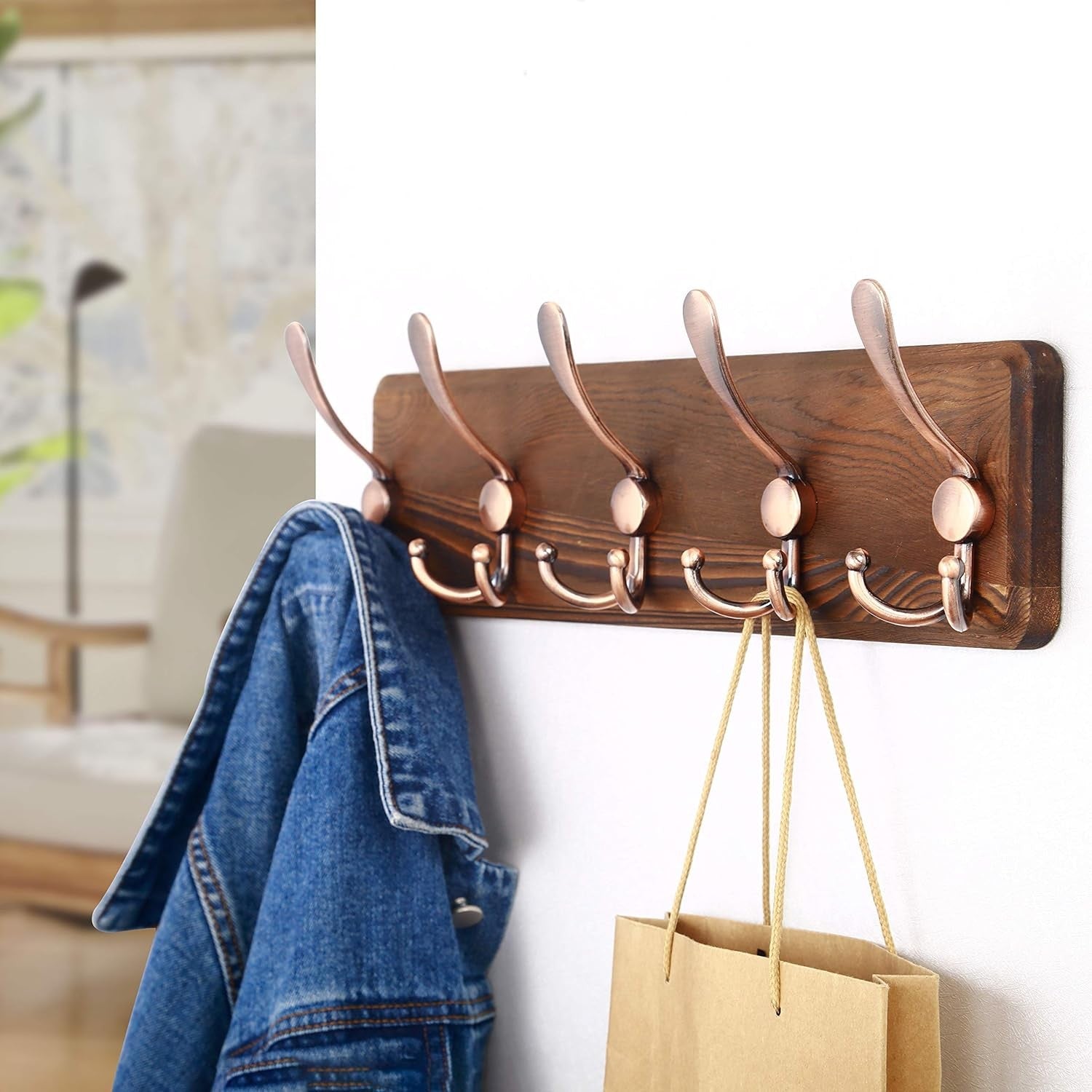 Set of 2 Brown Wooden Wall Coat Racks | Rustic 5 Triple Hooks Heavy Duty Organiz