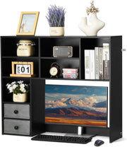 Black 3-Tier Desktop Bookshelf 94cm Desk Hutch Organizer w/ Fabric Drawers