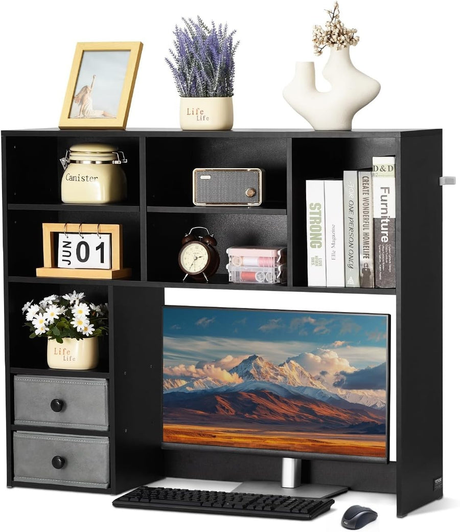 Black 3-Tier Desktop Bookshelf 94cm Desk Hutch Organizer w/ Fabric Drawers