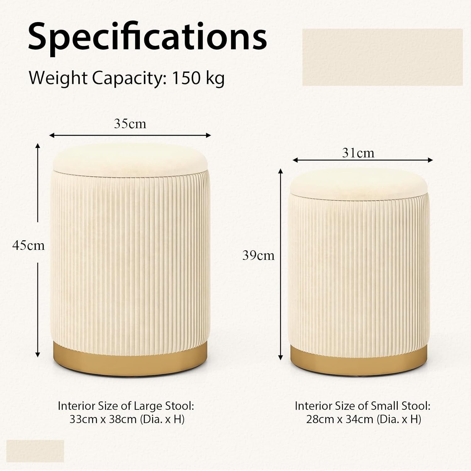 Set of 2 Beige Velvet Nesting Storage Footstools with Gold Trim Round Ottoman