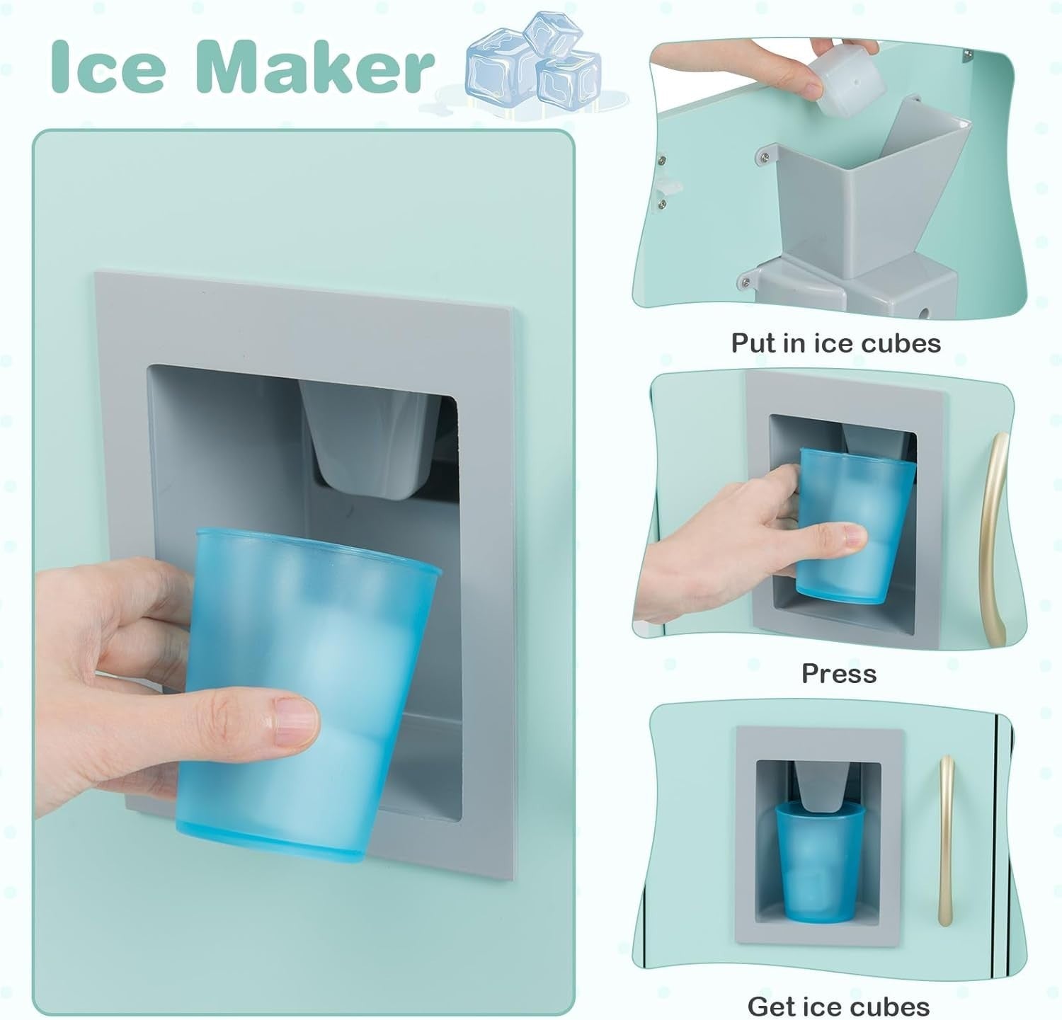 Wooden Kids Play Kitchen Green w/ Chalkboard Ice Maker Microwave