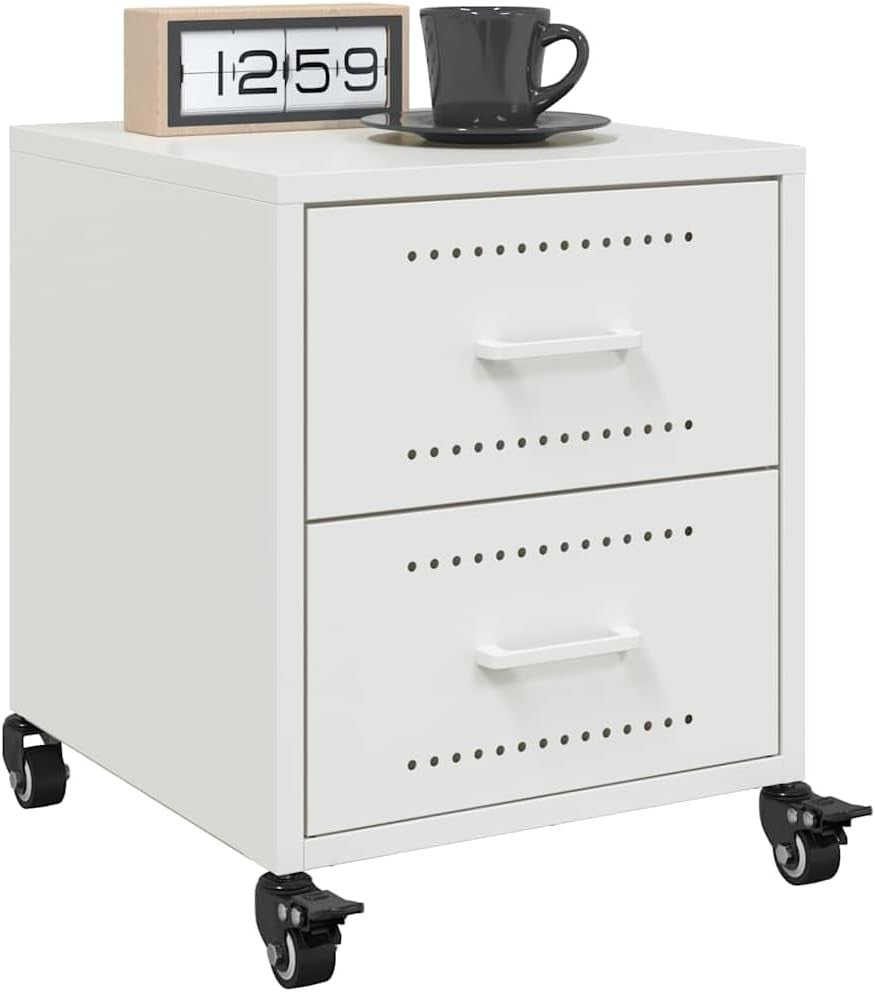 Set of 2 White Metal Bedside Tables with Wheels | Modern Rolling Nightstands