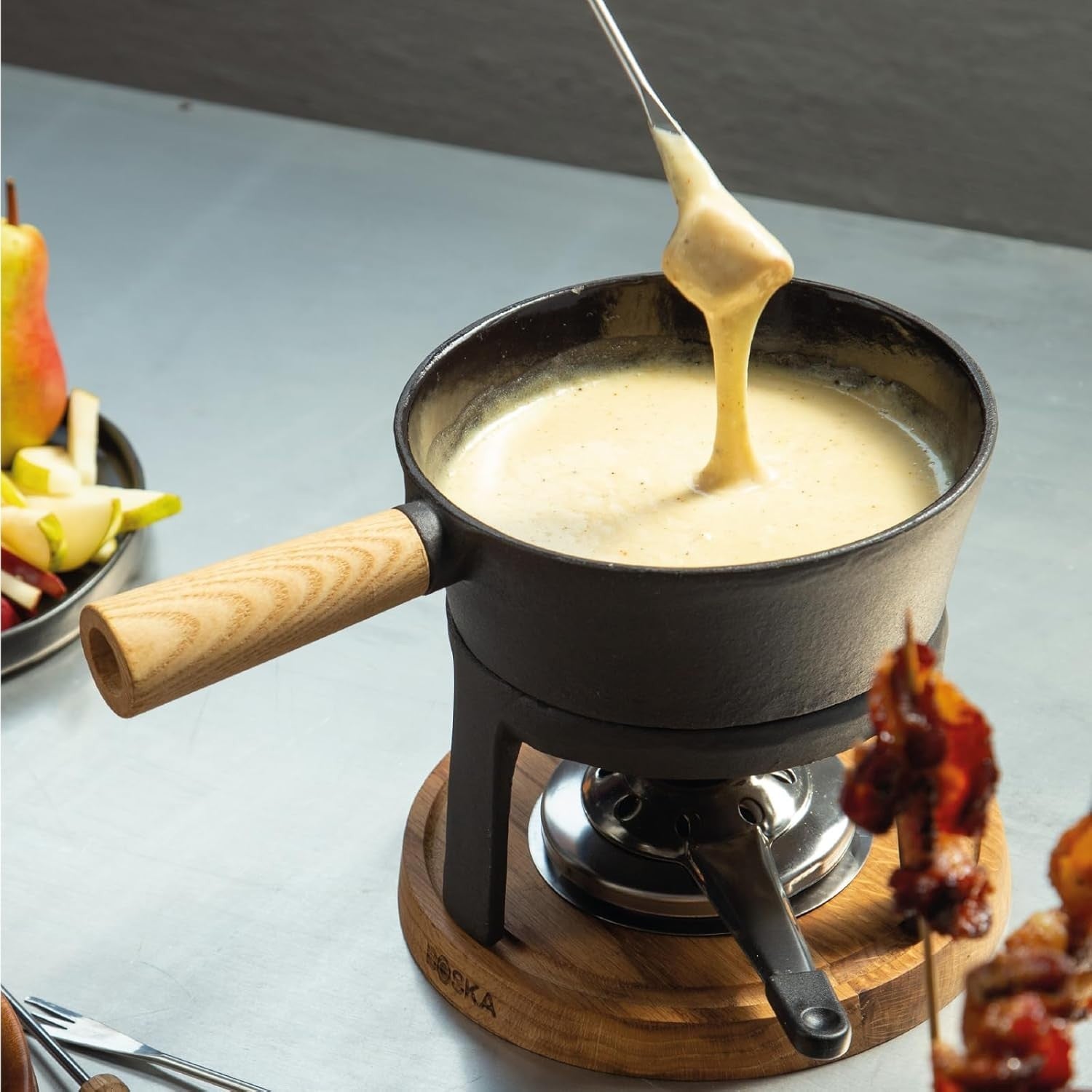 Cast Iron Cheese Fondue Set 1.2L Pot 4 Forks Tea Light Burner
