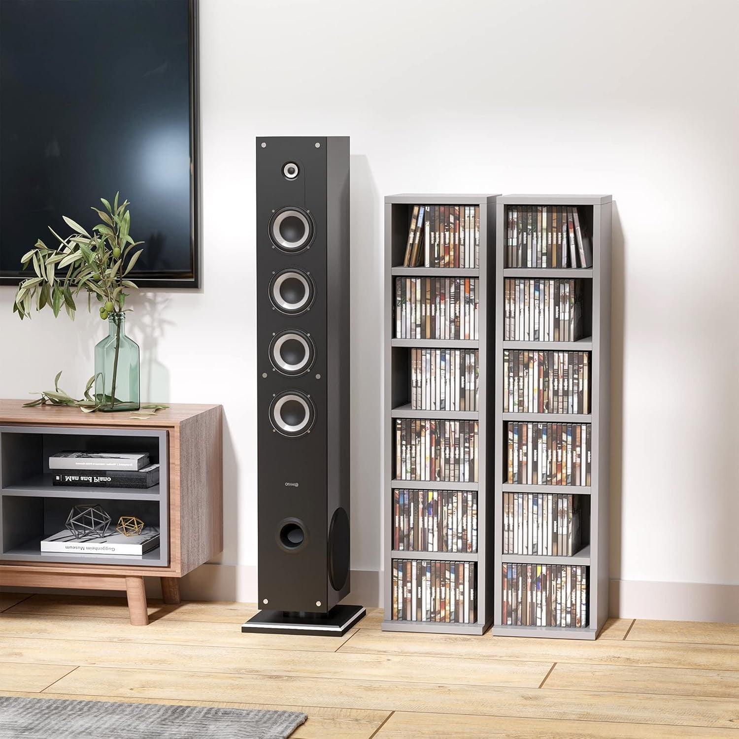 Set of 2 Tall Media Storage Towers – Adjustable CD DVD Blu-Ray Shelving Grey